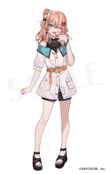 1girl aqua_eyes aqua_nails bare_shoulders black_sandals black_shorts casual commentary_request earrings full_body hair_bun hand_up igarashi_rika jacket jewelry long_hair looking_at_viewer multicolored_hair nijisanji official_art one_eye_closed orange_hair orange_nails sample_watermark sandals short_shorts short_sleeves shorts shugao simple_background single_hair_bun solo standing streaked_hair watermark white_background white_hair white_jacket