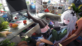 1girl absurdres angelfish apple arknights black_gloves black_shorts black_sweater black_thighhighs cellphone chair computer computer_keyboard dahai_zhijian figure fish food fruit gaming_chair gloves green_jacket grey_hair handheld_game_console highres holding holding_handheld_game_console indoors jacket long_hair nintendo_switch no_shoes official_alternate_costume one_side_up open_clothes open_jacket parted_lips phone playing_games red_eyes shorts skadi_(arknights) skadi_(the_next_afternoon_tea)_(arknights) skadi_(waverider)_(arknights) solo starfish sweater swivel_chair thighhighs