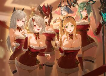 6+girls absurdres aqua_eyes arm_under_breasts arms_under_breasts bare_shoulders bell berenica_(duet_night_abyss) blonde_hair blue_eyes blurry blurry_background blush bow bowtie braid braided_bangs breasts brown_hair cleavage closed_mouth commentary cowboy_shot crossed_arms daphne_(duet_night_abyss) detached_sleeves dress duet_night_abyss fingernails fur-trimmed_dress fur_trim green_eyes green_hair green_nails grey_hair hair_between_eyes hair_over_one_eye hand_on_own_arm hand_up hat highres huge_breasts indoors lady_nifle_(duet_night_abyss) large_breasts long_fingernails long_hair looking_at_viewer lynn_(duet_night_abyss) medium_hair mole mole_under_eye multicolored_nails multiple_girls nail_polish off-shoulder_dress off_shoulder official_alternate_costume open_mouth parted_lips pink_pupils pink_veil rebecca_(duet_night_abyss) red_bow red_bowtie red_dress red_eyes red_nails sharp_fingernails short_dress short_hair side_ponytail smile starry_hopes_(duet_night_abyss) strapless strapless_dress thighs tricorne veil white_veil yellow_eyes yellow_nails yonesdraws