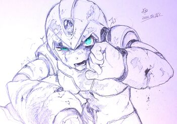 1boy arm_cannon armor battle_damage blue_eyes dated half-closed_eye helmet highres male_focus mega_man_(series) mega_man_x_(series) monochrome solo spot_color traditional_media upper_body weapon x_(mega_man) yakumohu2122