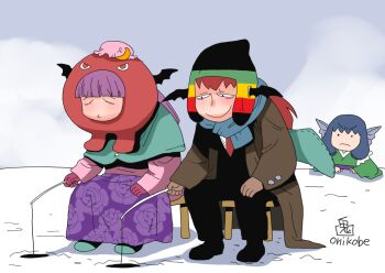 3girls alternate_costume annoyed beanie black_eyes black_hat black_pants black_shoes blue_hair blue_scarf blunt_bangs brown_coat closed_eyes closed_mouth coat commentary_request crescent crescent_hat_ornament demon_wings fins fishing fishing_rod floral_print floral_print_skirt full_body hat hat_ornament head_fins head_wings head_wings_through_headwear holding holding_fishing_rod ice ice_fishing koakuma long_hair mermaid mob_cap monster_girl multiple_girls necktie onikobe_rin outdoors pants patchouli_knowledge print_skirt purple_hair purple_skirt red_hair red_necktie scarf shoes sitting skirt smile stool touhou v-shaped_eyebrows wakasagihime wings winter winter_clothes