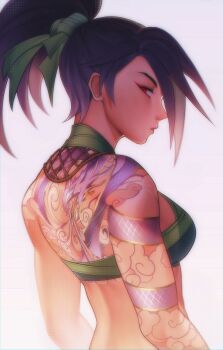 1girl absurdres akali arm_tattoo back_tattoo black_hair breasts closed_mouth commentary crop_top dragon_tattoo english_commentary eyeliner from_side goku_inu_go_kuken hair_ribbon high_ponytail highres league_of_legends lips long_hair makeup ponytail red_eyeliner red_eyes ribbon small_breasts solo tattoo upper_body