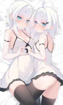 2girls ahoge blue_eyes breasts clone dress hair_ornament hairclip heart heart_hands highres looking_at_viewer multiple_girls original otokuyou ringo-chan_(otokuyou) thighhighs white_hair