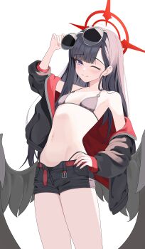 Rule 34 | 1girl, absurdres, adjusting eyewear, belt, bikini, bikini bottom under shorts, bikini under clothes, black bikini, black hair, black jacket, black shorts, black wings, blue archive, eyewear on head, feathered wings, halo, hand on eyewear, hand on own hip, highres, ichika (blue archive), ichika (swimsuit) (blue archive), jacket, jigaghada (rm8542), long hair, looking at viewer, low wings, o-ring, o-ring bikini, o-ring top, official alternate costume, one eye closed, open clothes, open jacket, open shorts, red belt, red halo, shorts, smile, solo, sunglasses, swimsuit, wings