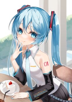 1girl absurdres black_skirt blue_eyes blue_hair blurry blurry_background blush cake cake_slice detached_sleeves eyelashes food hair_between_eyes hatsune_miku highres licking_lips long_hair looking_at_viewer necktie pleated_skirt reirou_(chokoonnpu) shirt shoulder_tattoo skirt sleeveless sleeveless_shirt solo tattoo tongue tongue_out twintails very_long_hair vocaloid