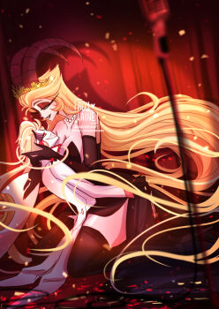 Rule 34 | 1boy, 1girl, adylaineart, blonde hair, blush stickers, commentary, couple, demon boy, demon girl, english commentary, english text, hair slicked back, hazbin hotel, hellaverse, hetero, highres, husband and wife, lilith (hazbin hotel), looking at another, lucifer morningstar (hazbin hotel)