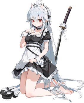 1girl apron astral_party horns katana long_hair maid maid_apron no_shoes non-web_source oni pointy_ears red_eyes ryugazaki_misaki socks sword very_long_hair weapon white_hair