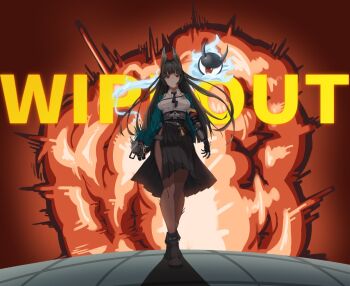 1girl animal_ear_fluff animal_ears aqua_jacket arm_out_of_sleeve black_hair black_necktie black_shoes black_skirt blunt_bangs breasts brown_pantyhose checkered_floor closed_mouth commentary commentary_request english_commentary english_text explosion explosion_background fingerless_gloves fox_ears fox_girl full_body gauntlets gloves gudcjf332 high-waist_skirt hoshimi_miyabi jacket katana large_breasts long_hair looking_at_viewer mixed-language_commentary necktie pantyhose red_eyes shadow shoes single_fingerless_glove single_gauntlet skirt sword tailless_(zenless_zone_zero) weapon zenless_zone_zero