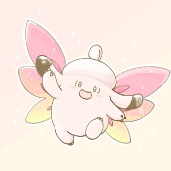 :d arm_up claws clefable colored_skin commentary full_body gen_1_pokemon gradient_wings highres leg_up mega_clefable mega_pokemon multicolored_wings nintendo no_humans open_mouth pink_background pink_skin pokemon pokemon_(creature) pokemon_focus pokemon_legends:_z-a smile solid_oval_eyes sparkle wafu_(wafu39080) wings