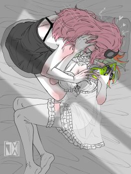 Rule 34 | 2girls, alternate costume, babydoll, barefoot, black mask, black nightgown, blush, breasts, chemise, collarbone, couple, double strap slip, earrings, feather earrings, feathers, fluffy clothes, frilled babydoll, frilled shorts, frills, green highlights, highres, hololive, hololive english, jasper xandros, jewelry, lace-trimmed babydoll, lace-trimmed nightgown, lace trim, large breasts, long hair, mask, mask on head, messy hair, mori calliope, mori calliope (sleepwear), multicolored hair, multiple girls, nightgown, official alternate costume, orange hair, pink hair, see-through babydoll, see-through clothes, shorts, sleep mask, sleepwear, strap slip, takanashi kiara, takanashi kiara (cozy), virtual youtuber, white babydoll, white chemise, yuri