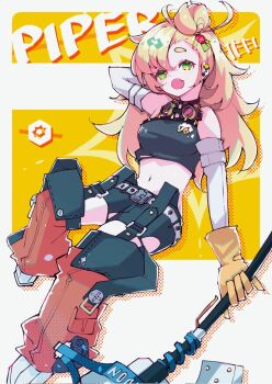1girl arm_behind_head bare_shoulders black_shirt black_shorts blonde_hair breasts character_name commentary commentary_request crop_top detached_pants detached_sleeves earclip earrings english_commentary gloves goggles goggles_around_neck green_eyes holding holding_weapon jewelry leg_up long_hair looking_at_viewer midriff mixed-language_commentary navel open_mouth orange_pants pants piper_wheel shirt shoes shorts small_breasts solo spiked_shirt torn_clothes torn_shirt two-tone_background umikawak3_1 weapon white_background white_shoes white_sleeves yellow_background yellow_gloves zenless_zone_zero