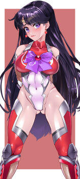1girl absurdres adapted_costume arion_canvas bare_shoulders bishoujo_senshi_sailor_moon boots bow breasts earrings elbow_gloves fishnet_thighhighs fishnets gloves highres hino_rei jewelry large_breasts leotard long_hair purple_eyes purple_hair sailor_mars sleeveless solo star_(symbol) star_earrings taimanin_(series) taimanin_suit thigh_boots thighhighs thong_leotard tiara very_long_hair