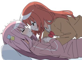 2girls blush bocchi_the_rock! bow bowtie brown_shirt closed_eyes closed_mouth commentary cube_hair_ornament from_side gotoh_hitori hair_ornament haru_(konomi_150) highres jacket kita_ikuyo long_hair long_sleeves lying multiple_girls on_back one_side_up pillow pink_hair pink_jacket red_bow red_bowtie red_hair sailor_collar school_uniform shirt shuka_high_school_uniform simple_background smile track_jacket trembling upper_body white_background white_sailor_collar yuri