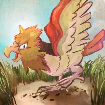 beak bird brown_feathers day drawingpkmneveryday feathered_wings feathers from_side gen_1_pokemon grass highres nintendo no_humans open_mouth outdoors pokemon pokemon_(creature) solo spearow wings