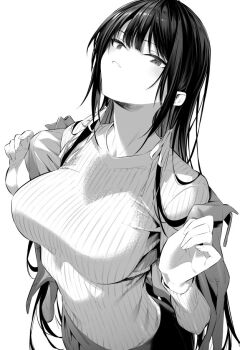 1girl armpit_crease black_hair breasts hair_ribbon haite_kudasai_takamine-san hiiragi_yuuichi jacket long_hair medium_breasts monochrome neck off_shoulder ribbed_shirt ribbon shadow shirt skirt solo takamine_takane