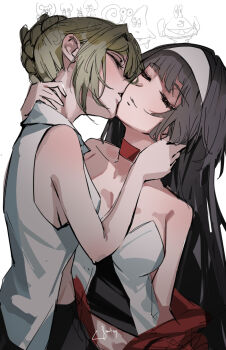 Rule 34 | 2girls, astra yao, bare arms, bare shoulders, black hair, blonde hair, choker, closed eyes, closed mouth, collared shirt, commentary, dress, evelyn chevalier, gary (spongebob), hair bun, hairband, hand on another's neck, highres, kiss, kissing cheek, long hair, mr. krabs, multiple girls, parted lips, patrick star, plankton (spongebob), red choker, sandy cheeks, shirt, simple background, sleeveless, sleeveless shirt, spongebob squarepants, spongebob squarepants (series), squidward tentacles, umoten, white background, white dress, white hairband, white shirt, yuri, zenless zone zero