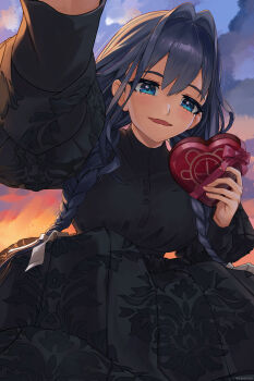 Rule 34 | 1girl, black dress, blue eyes, blue hair, box, braid, breasts, cahryos, commentary, dress, elbow gloves, embroidered dress, fanged bangs, fangs, gloves, hair intakes, hair over shoulder, heart-shaped box, highres, holding, hololive, hololive english, juliet sleeves, large breasts, long dress, long hair, long sleeves, looking at viewer, low twin braids, official alternate costume, official alternate hairstyle, ouro kronii, ouro kronii (maid), outdoors, outstretched arm, puffy sleeves, skin fangs, solo, twin braids, virtual youtuber