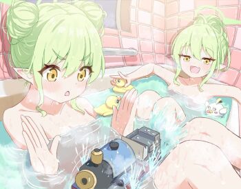 2girls :d bare_shoulders bath blue_archive blush breasts collarbone fang green_hair green_halo hair_bun halo hand_up hikari_(blue_archive) in_bathtub loli mikumiku37 multiple_girls nozomi_(blue_archive) nude open_mouth pointy_ears rubber_duck siblings sisters skin_fang small_breasts smile spread_legs tiles train twins window yellow_eyes