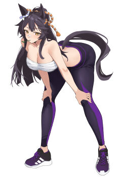 1girl absurdres animal_ears bandaid bandaid_on_face bandaid_on_nose black_hair black_leggings black_shoes black_tail breasts chest_sarashi cleavage commentary ear_ornament ear_scrunchie full_body hands_on_own_knees highres horse_ears horse_girl horse_tail large_breasts leaning_forward leggings looking_at_viewer narita_brian_(umamusume) pinepin ponytail rope sarashi scrunchie shimenawa shoes simple_background solo striped_clothes striped_scrunchie tail umamusume white_background yellow_eyes