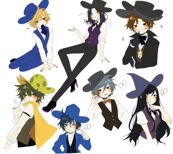 +++ 2girls 5boys :o ? animification ankle_boots arm_at_side arm_support bare_arms belt black_belt black_boots black_bow black_bowtie black_gloves black_hair black_hat black_jacket black_nails black_pants black_ribbon black_shoes black_vest blonde_hair blue_eyes blue_hair blue_hat blue_jacket blue_nails blue_pants blue_vest blush boots bow bowtie breasts brown_eyes brown_hair burt_curtis buttons cape carol_cross claw_pose closed_mouth clothing_cutout collared_jacket collared_shirt colored_shoe_soles commentary_request cropped_legs cropped_torso curtained_hair double-parted_bangs expressionless eyes_visible_through_hair facial_hair finger_to_mouth food-themed_hat fredrick_muenster full_body gloves gold_necklace green_eyes hair_between_eyes hand_on_own_arm hand_up handsome_harold hat headphones headset heart henry_stickmin_(series) high_heel_boots high_heels index_finger_raised invisible_chair jacket jewelry korean_commentary layered_sleeves light_smile long_hair long_sleeves looking_at_viewer looking_back looking_to_the_side mer_(mer_246800) multiple_boys multiple_girls multiple_hats musical_note mustache nail_polish neck_ribbon necklace notice_lines open_clothes open_jacket open_mouth orange_bow orange_bowtie orange_eyes pants parted_bangs parted_lips puffy_short_sleeves puffy_sleeves purple_eyes purple_vest reginald_copperbottom ribbon shirt shoes short_hair short_sleeves simple_background sitting skinny small_breasts speech_bubble spoken_musical_note spoken_question_mark standing sven_svensson the_witch_(henry_stickmin) three-quarter_sleeves top_hat traditional_bowtie v_arms very_long_hair very_short_hair vest white_background white_shirt yellow_cape yellow_eyes yellow_hat yellow_nails yokozuwari