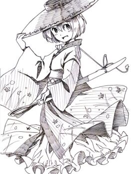 1girl :d blush bowl bowl_hat commentary_request feet_out_of_frame from_side hand_on_headwear hand_on_sheath hat japanese_clothes kimono leaf_print looking_back maple_leaf_print mini_person minigirl monochrome needle_sword obi one-hour_drawing_challenge open_mouth petticoat rangycrow sash saucer sheath sheathed sideways_glance sketch smile solo sukuna_shinmyoumaru touhou white_background