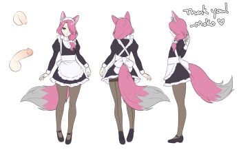 1boy androgynous animal_ear_fluff animal_ears apron black_pantyhose closed_mouth crossdressing crossdressing_(mtf) dress frilled_dress frills full_body green_eyes hair_over_one_eye hair_over_shoulder highres long_hair low-tied_long_hair maid maid_apron maid_headdress male_focus male_maid mary_janes mokotoko9 original pantyhose penis pink_fur reference_sheet shoes side_ponytail solo standing tail thank_you trap wolf_boy wolf_ears wolf_tail