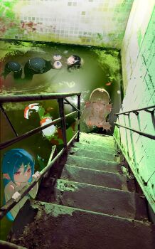 Rule 34 | 3girls, afloat, bare shoulders, black tail, blonde hair, blood, blood stain, blue hair, blue tail, blunt bangs, blush, bone, breasts, closed eyes, commentary request, completely nude, fins, fish, floating on back, flood, g4inrin, hair between eyes, hair ornament, hairclip, head fins, highres, holding, long hair, long sidelocks, looking up, medium breasts, medium hair, mermaid, monster girl, moss, multiple girls, nude, open mouth, orange tail, original, partially submerged, railing, red eyes, scales, sidelocks, small breasts, stairs, tile wall, tiles, very long sidelocks, water, webbed hands, wet, white tail