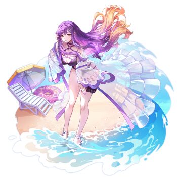 1girl adjusting_hair alternate_costume beach beach_umbrella bikini black_sandals blonde_hair breasts choker closed_mouth collarbone commentary_request full_body game_cg gradient_hair hair_ornament hijiri_byakuren innertube large_breasts leaning_forward long_hair looking_at_viewer multicolored_hair o-ring o-ring_bikini ocean official_art orange_eyes purple_bikini purple_choker purple_hair purple_nails sand sandals see-through_clothes smile solo swim_ring swimsuit thighs third-party_source touhou touhou_gensou_eclipse transparent_background u_u_zan umbrella very_long_hair water