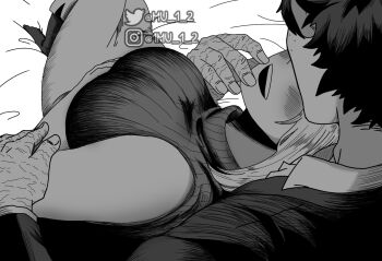 1boy 1girl boku_no_hero_academia breasts commentary cuddling english_commentary formal_clothes freckles greyscale hetero large_breasts long_skirt midoriya_izuku monochrome mu_1_2 open_mouth ribbed_shirt scar_on_hands shirt skirt sleeveless sleeveless_turtleneck smile socks suit turtleneck uraraka_ochako