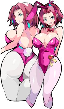 1girl absurdres animal_ears ass blue_eyes bow bowtie breasts code_geass cropped_legs detached_collar enpe highres kouzuki_kallen large_breasts leotard multiple_views open_mouth pantyhose pink_eyes pink_leotard playboy_bunny rabbit_ears rabbit_tail red_eyes round_teeth short_hair simple_background strapless strapless_leotard tail teeth upper_teeth_only white_background white_pantyhose