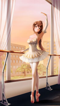Rule 34 | 1girl, absurdres, ballerina, ballet, ballet slippers, barre, breasts, bridal gauntlets, brown eyes, brown hair, cleavage, curtains, dance studio, day, en pointe, highres, indoors, leno^a^, long hair, long legs, medium breasts, original, pantyhose, ponytail, tutu, white pantyhose, window