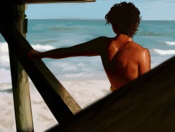 Rule 34 | 1boy, back, beach, black hair, blue sky, commentary, english commentary, from behind, highres, male focus, monkey d. luffy, ocean, one piece, outdoors, outstretched arm, pi nque, realistic, short hair, sky, solo, topless male, water, wavy hair