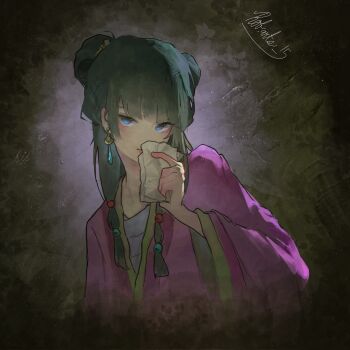 Rule 34 | blue eyes, blunt bangs, blush, commentary, covered mouth, dark, dark background, dim lighting, double bun, ear blush, earrings, eyeshadow, gold earrings, hair bun, hair ornament, handkerchief, highres, holding, holding handkerchief, japanese clothes, jewelry, kimono, kusuriya no hitorigoto, lipstick, looking at viewer, low twintails, makeup, maomao (kusuriya no hitorigoto), pale skin, pink kimono, red eyeshadow, robarts 15(rob.arts 15), shirt, signature, sphere hair ornament, teardrop earrings, twintails, white shirt