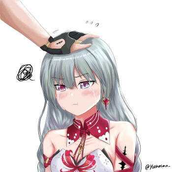 2girls :t bare_shoulders black_gloves blush breasts closed_mouth commentary crying crying_with_eyes_open female_rover_(wuthering_waves) flying_sweatdrops gloves grey_eyes grey_hair headpat heterochromia highres long_hair md5_mismatch medium_breasts multicolored_hair multiple_girls partially_fingerless_gloves phrolova_(wuthering_waves) pout red_eyes rover_(wuthering_waves) self-upload simple_background solo_focus squiggle streaked_hair tacet_mark_(wuthering_waves) tears twitter_username upper_body white_background wuthering_waves yuukasa09