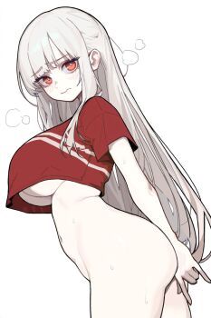 1girl albino ass blush bottomless breasts closed_mouth commentary cowboy_shot crop_top crop_top_overhang embarrassed frown highres large_breasts leaning_forward long_hair long_sleeves looking_at_viewer looking_to_the_side navel original red_eyes red_shirt rusellunt shirt short_sleeves simple_background solo underboob very_long_hair white_background white_hair
