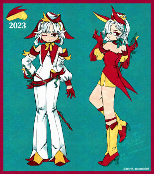 2023 2girls animal_ears apple apple_rabbit aqua_background blunt_ends boots chinstrap choker colored_eyebrows colored_eyelashes colored_inner_hair commentary_request detached_collar detached_sleeves elbow_gloves fake_animal_ears food food-themed_clothes food_art from_behind fruit full_body gloves hair_over_one_eye half_gloves hand_on_own_hip hat high_heels highres knee_boots leg_lift leotard light_smile long_sleeves looking_back looking_to_the_side mismatched_eyebrows multicolored_hair multiple_girls neck_ribbon one_eye_closed original pants parted_bangs personification puffy_long_sleeves puffy_sleeves rabbit_ears red_eyes red_hair ribbon short_hair shorts sword weapon white_hair yamakita_higashi