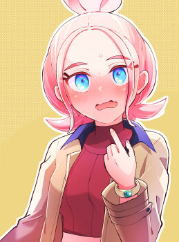1girl blush brown_jacket commentary_request fingernails hair_bun highres jacket long_sleeves looking_at_viewer midriff nintendo open_clothes open_jacket open_mouth pink_hair pointing pointing_at_self pokemon pokemon_legends:_z-a red_sweater ric_(aceradio) simple_background single_hair_bun solo sweat sweater taunie_(pokemon) turtleneck turtleneck_sweater yellow_background