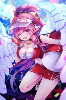 Rule 34 | 1girl, absurdres, animal ears, bell, bemani, bikini, blue sky, breasts, can, copyright name, cow ears, cowbell, fingernails, high ponytail, highres, holding, holding can, horns, large breasts, long hair, looking at viewer, mashimashiyasai, multicolored hair, navel, one eye closed, pink eyes, pink hair, ponytail, race queen, rasis, rasis (you are my best rival!!), red hair, red nails, sky, smile, solo, sound voltex, swimsuit, two-tone hair, very long hair, white bikini, wings