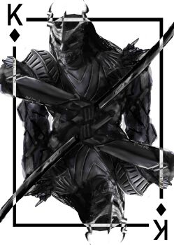 Rule 34 | 1boy, absurdres, armor, artist request, black hair, card, commentary, empty eyes, english commentary, highres, horns, king (playing card), long hair, male focus, mask, official alternate costume, playing card, recurring image, shadow slave, solo, sunny (shadow slave), upper body