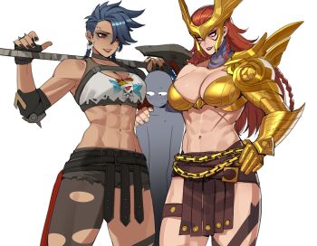 1boy 2girls abs absurdres angela_(marvel) bald blue_hair brown_hair crop_top crossover faceless faceless_male girl_sandwich highres holding_behind_neck junker_queen_(overwatch) marvel marvel_rivals metal_bra multiple_girls muscular muscular_female over_shoulder overwatch pelvic_curtain ratatatat74 sandwiched scar scar_on_stomach sweatdrop tall_female thor_(marvel)_(series) trait_connection weapon weapon_over_shoulder winged_headwear