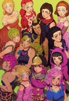 animal_ears aqua_eyes arm_warmers armband artist_name bare_shoulders battle_tendency bear_ears black_hair blonde_hair blue_hair braid breasts brown_hair choker darkgreyclouds diamond_is_unbreakable double_bun dreadlocks dress erina_pendleton ermes_costello facial_mark fake_animal_ears flower foo_fighters_(jojo) green_eyes green_hair green_lips hair_bobbles hair_bun hair_flower hair_ornament hairband halterneck hat higashikata_daiya hirose_yasuho hood hot_pants_(sbr) jojo_no_kimyou_na_bouken jojolion kuujou_jolyne large_breasts light_brown_hair lipstick lisa_lisa long_hair lucy_steel maid maid_headdress makeup multicolored_hair open_mouth overalls phantom_blood pink_dress pink_hair pink_lips polka_dot purple_eyes quad_tails red_dress red_scarf scarf school_uniform serafuku short_hair skirt smile stardust_crusaders steel_ball_run stone_ocean sugimoto_reimi suzi_q tan tattoo trish_una two-tone_hair vento_aureo wristband yamagishi_yukako