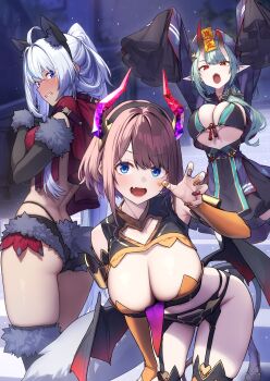 3girls :d absurdres ahoge akari_(baffu) animal_ears ass baffu bikini black_garter_belt black_hairband black_nails black_shorts black_thighhighs black_wings blue_eyes blue_hair breasts broken_horn brown_hair cat_ears clenched_teeth commentary_request demon_wings embarrassed facial_tattoo fake_animal_ears fake_horns fang fingerless_gloves garter_belt gloves green_hair hairband halloween heart heart_tattoo highres hitoyo_(baffu) horns jiangshi large_breasts long_hair looking_at_viewer multicolored_hair multicolored_nails multiple_girls nail_polish oni open_mouth orange_nails original purple_horns red_eyes red_horns red_nails short_hair short_shorts shorts skin_fang sleeves_past_fingers sleeves_past_wrists smile streaked_hair swimsuit tail tattoo teeth thighhighs wings yuuna_(baffu)