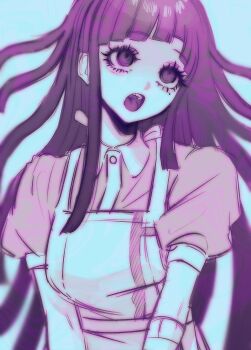 Rule 34 | 1girl, :o, apron, collared shirt, danganronpa (series), danganronpa 2: goodbye despair, dn0lt, highres, long hair, looking to the side, mole, mole under eye, open mouth, pink shirt, puffy short sleeves, puffy sleeves, red hair, shirt, short sleeves, simple background, solo, teeth, tsumiki mikan, two-tone shirt, upper body, upper teeth only
