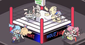 >_< 6+girls :o aki_rosenthal animal_ears backwards_hat black_hair blonde_hair blue_hair briefcase chibi closed_eyes commentary_request english_text fox_ears german_suplex grabbing_another's_arm grey_hair hat highres hololive horns hoshimachi_suisei lifting_person light_blue_hair lion_ears multiple_girls night-vision_device nsaru omaru_polka omaru_polka_(1st_costume) oozora_subaru open_mouth pink_hair sakura_miko sheep_horns shirogane_noel shishiro_botan shishiro_botan_(1st_costume) skirt slam stairs suplex tsunomaki_watame virtual_youtuber wrestler wrestling wrestling_ring wwe