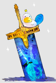 absurdres blue_tail commentary_request crown dated floating_crown grey_background highres huge_weapon no_humans original platypus shadow signature sparkle sukepmonster sword weapon white_fur