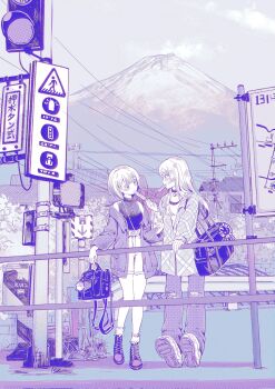 artist_request bag bang_dream! bang_dream!_it&#039;s_mygo!!!!! blush boots chihaya_anon choker closed_mouth commentary_request commission denim food food_in_mouth heart heart_choker highres honkai:_star_rail honkai_(series) jeans jewelry long_hair looking_at_another monochrome mount_fuji necklace outdoors pants popsicle popsicle_in_mouth power_lines road_sign school_bag second-party_source shirt short_hair shorts sign sleeveless sleeveless_shirt smile takamatsu_tomori torn_clothes torn_jeans torn_pants utility_pole