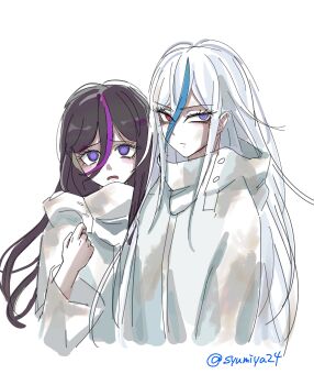 2girls absurdres aged_down blue_hair dirty dirty_clothes eva_(hundred_line) heterochromia highres jacket multicolored_hair multiple_girls purple_eyes purple_hair raincoat red_eyes siblings signature sisters streaked_hair the_hundred_line_-last_defense_academy- v&#039;ehxness white_background white_hair white_jacket worried zhu_gong