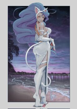 Rule 34 | 1girl, 20s, alternate skin color, animal ear fluff, animal ears, animal feet, animal hands, armlet, artist name, ass, backless dress, backless outfit, bare shoulders, beach, blue eyes, blue hair, blush, bra, breasts, bridal gauntlets, capcom, cat ears, cat feet, cat girl, city lights, cityscape, claws, colorized, dress, elbow gloves, felicia (darkstalkers), fingernails, floating hair, fluffy, from side, full body, fur bra, fur thighhighs, gloves, halter dress, halterneck, heel up, highres, huge ass, jewelry, kumanz, large breasts, light blue hair, long dress, long fingernails, long hair, looking at viewer, monster girl, necklace, night, night sky, ocean, palm tree, parted lips, pink nails, pink toenails, pinup (style), poster (medium), sideboob, signature, sky, skyline, smile, standing, star (sky), star (symbol), starry background, starry sky, tail, taut clothes, taut dress, thick thighs, thighhighs, thighs, tight clothes, tiptoes, tree, underwear, darkstalkers, very long hair, white bra, white dress, white fur, white tail