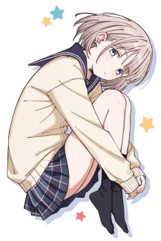 Rule 34 | 1girl, bare legs, black socks, blue sailor collar, blue skirt, cardigan, commentary request, full body, grey hair, highres, hugging own legs, idolmaster, idolmaster shiny colors, legs folded, long sleeves, looking at viewer, no shoes, plaid clothes, qaqyes re, sailor collar, school uniform, serafuku, serizawa asahi, short hair, skirt, socks, solo, star (symbol), yellow cardigan