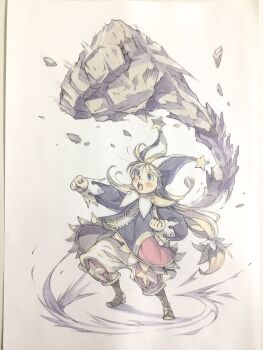 Rule 34 | 1girl, black coat, black hat, blue eyes, boots, brown boots, clenched hands, coat, commentary, full body, golem, hat, highres, jester cap, long hair, long sleeves, low-tied long hair, open mouth, original, pants, peter salt, punching, rock, solo, standing, star (symbol), traditional media, very long hair, white background, white pants, wind